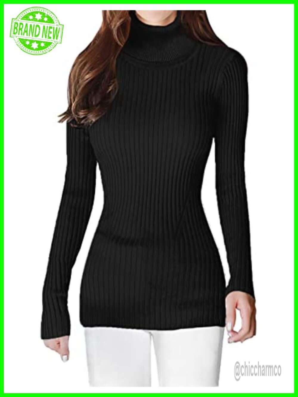 Fitted Ribbed Turtleneck Sweater Long Sleeve Knit Viscose Stretch